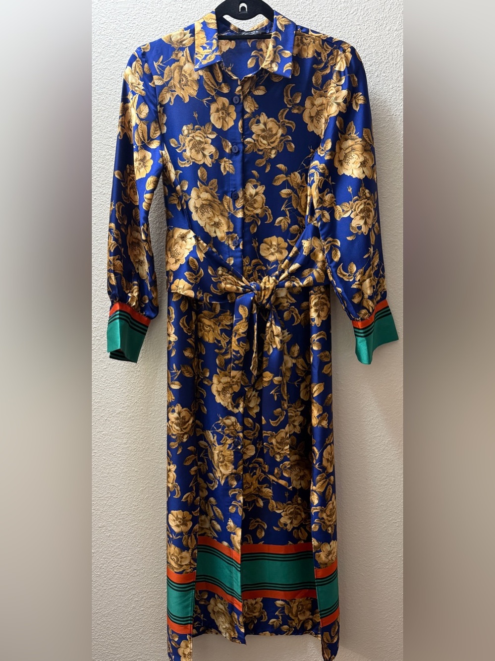 ZARA Blue Floral Satin Maxi Shirt Dress S Boho Oriental Caftan Long Sleeve